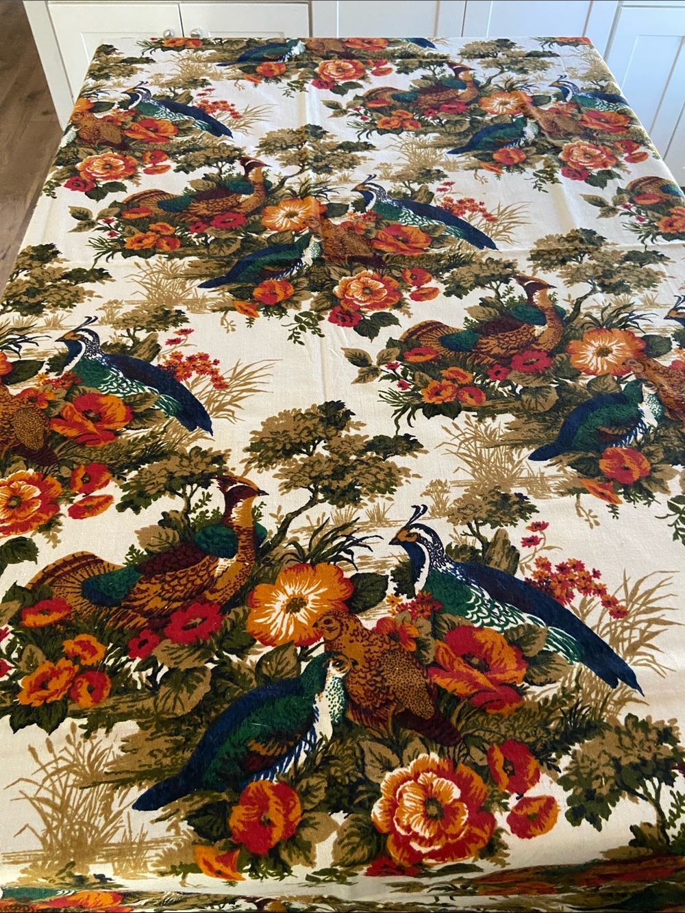 Vintage Peacock Pheasant Floral Tablecloth 84x108 Fringe